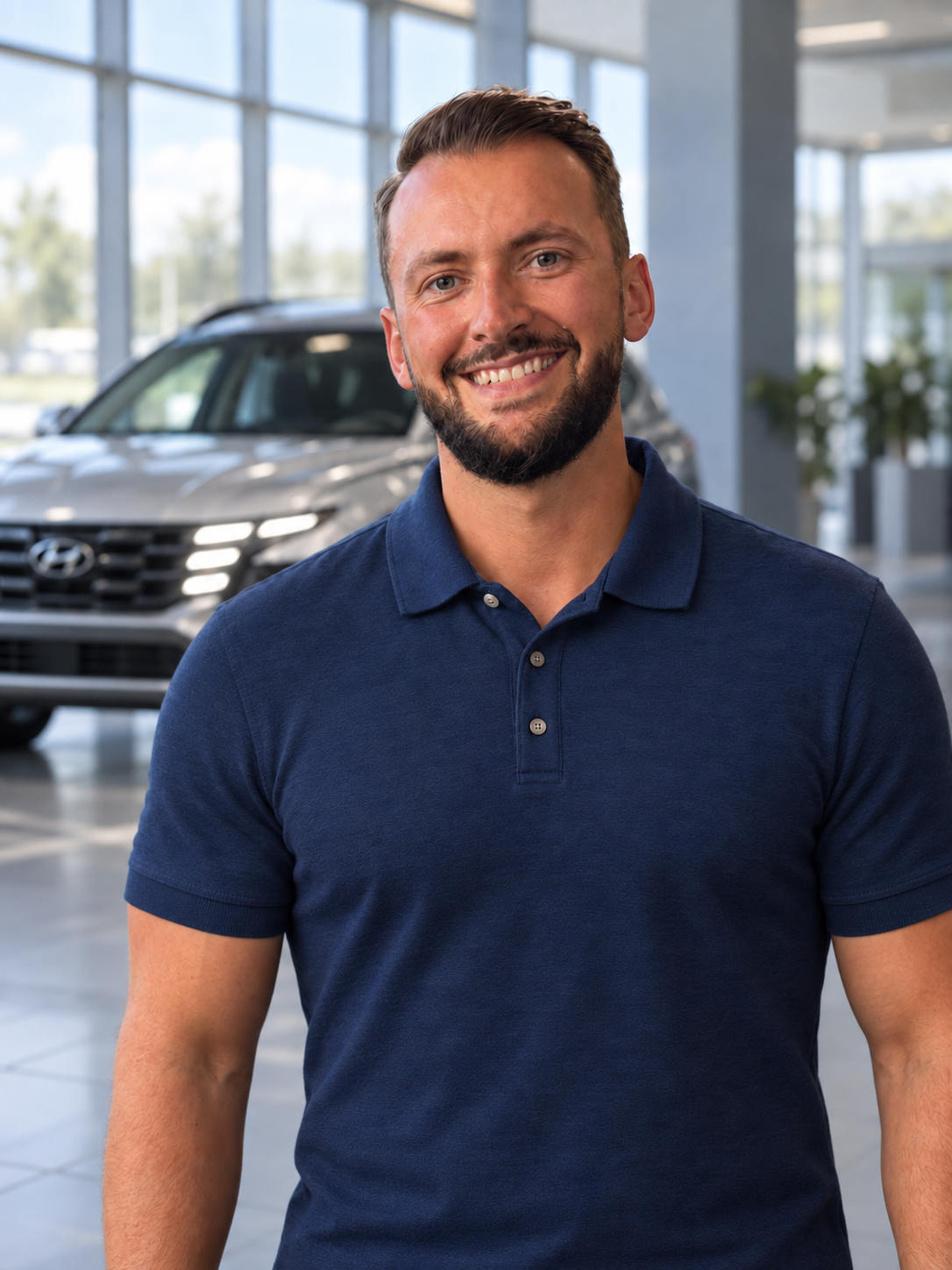 Portrait de Rick Mac Donald en polo bleu marine dans un décor automobile